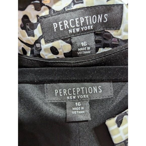 Perceptions Women's Black Tan Shiny Sparkle Abstract 2 Piece Jacket & Dress 16 - Picture 2 of 8